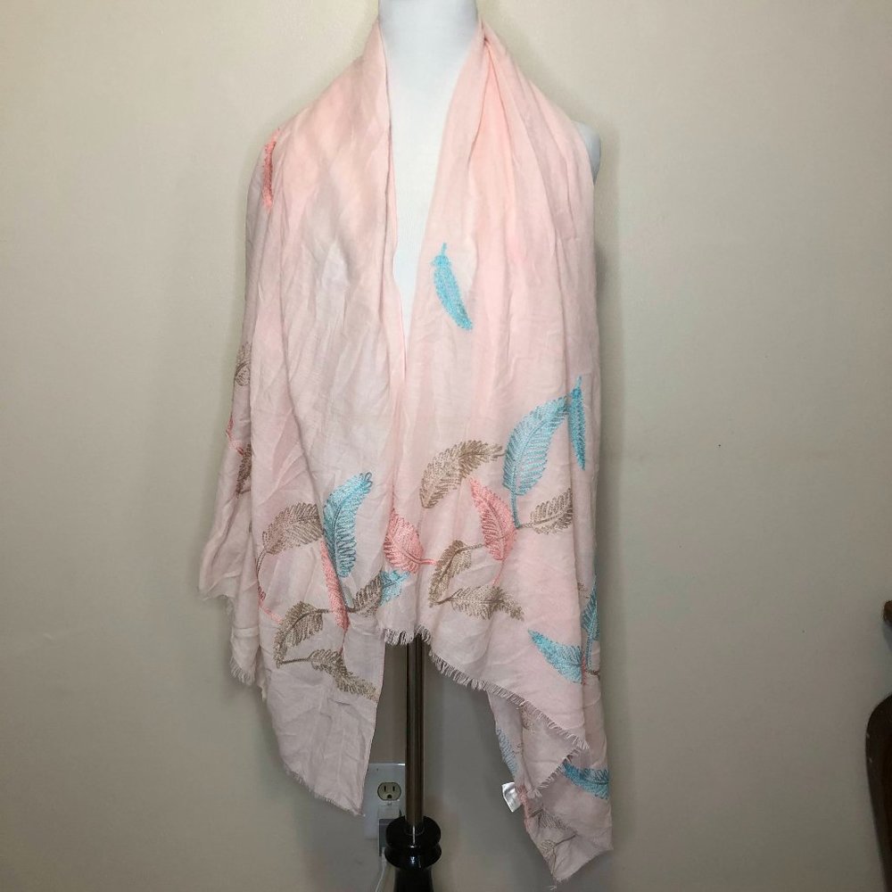 2 CHIC Light Pink Embroidered Feather Frayed Hem Scarf